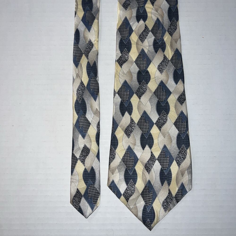 J.T. Beckett Silk Tie Mens Yellow Blue Grey Geometric Diamond Abstract 90s
